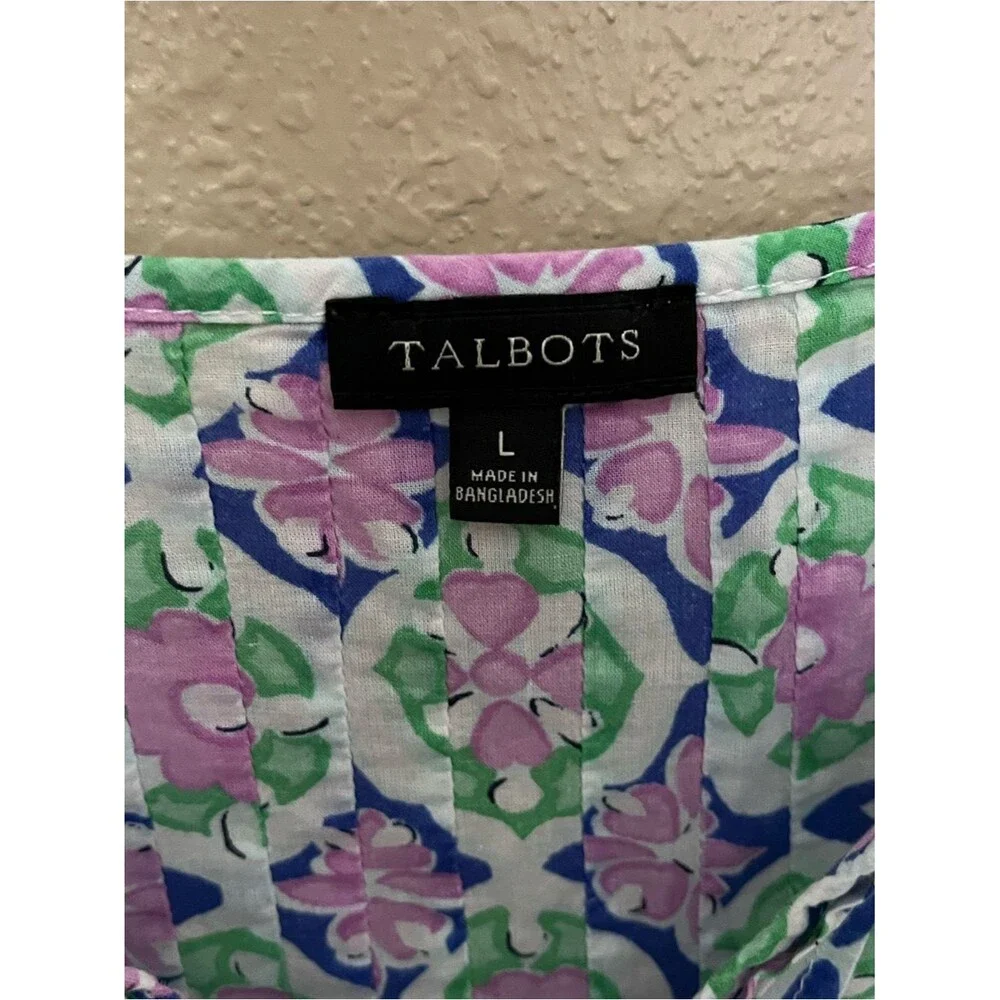Talbots Cotton Purple/Green Floral Split Neck Pin-Tuck Top Shirt Blouse Size L